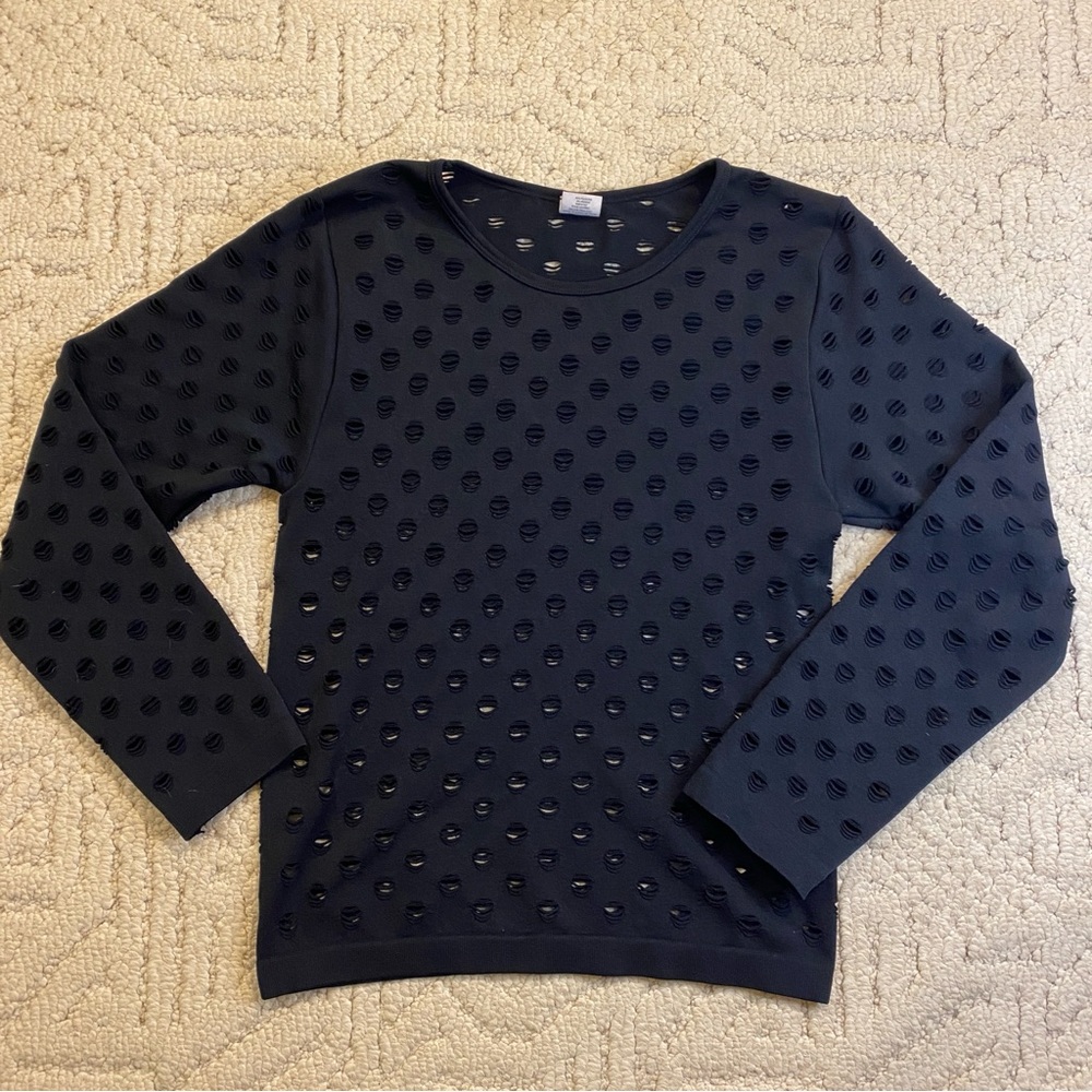 FCT Basics Black Laser Cut Distressed Circle Long Sleeve Top 1X 2X Large XL